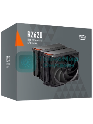 Кулер для процессора PCCooler RZ620 BK (260W, 4-pin PWM, 157.5мм, Al/Cu, 6x6мм, 1x120мм, 86.73CFM, 32dBA, 2200RPM, S: 1851/1700/1200/115X, AM5/AM4, черный)