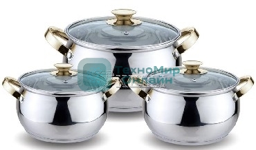 Набор посуды Kelli KL-4206 6 пред.(Кастрюля с жаропрочной стекл. крышкой 2.1 л. Кастрюля с жаропрочной стекл. крышкой 3 л. Кастрюля с жаропрочной стекл. крышкой 4 л. Высококачественная нерж. сталь 18/10. 5-ти слойное капсульное дно.)