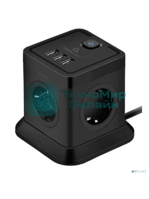 Сетевой фильтр Cablexpert Tower TWR-4-U3-B-2, 4 р, 10А, 3xUSB, 3.1А, 2 м, ур.защиты 2+, черный, коробка