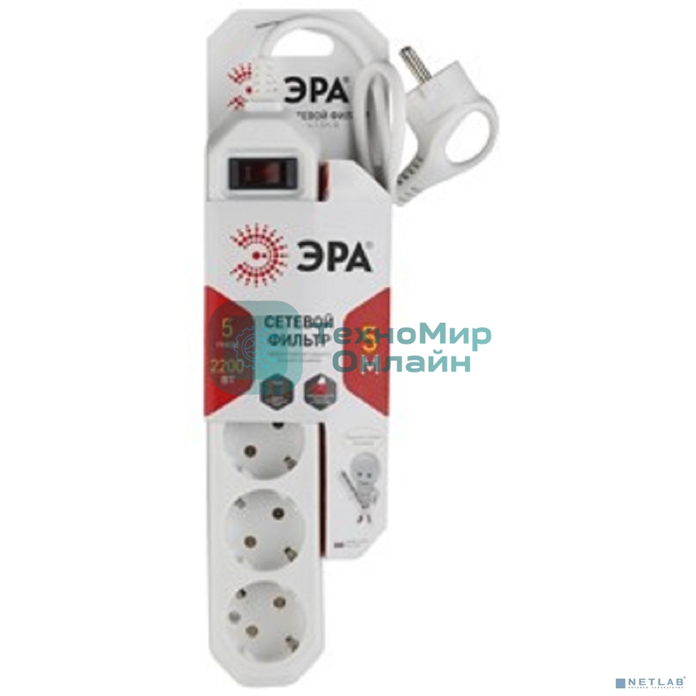 Сетевой фильтр ЭРА USF-5es-5m-W (белый) с заземл, 3x0,75 мм2, с выкл, 5 гн, 5 м защита от короткого замыкания, от перегрузки, от импульсных помех