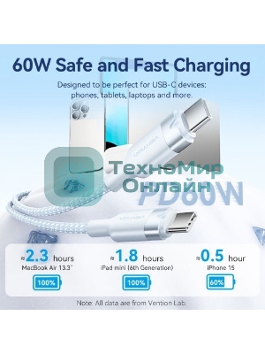Кабель Vention USB 2.0 CM/CM - 1м. белый 3А PD60W