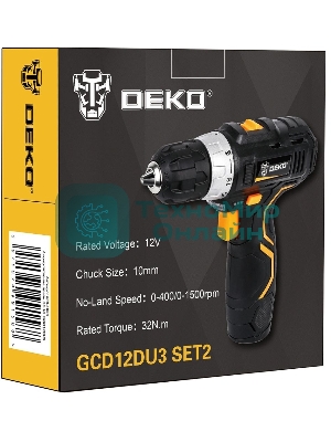 Дрель-шуруповерт Deko GCD12DU3 SET 2, 12 В, 1.5 Ач, 32 Нм, щеточный