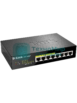 Коммутатор Unmanaged Switch with 8 10/100/1000Base-T ports (4 PoE ports 802.3af/802.3at (30 W), PoE Budget 68).8K Mac address, Auto-sensing, 802.3x Flow Control, Stand-alone, Auto MDI/MDI-X for each port, D-link Green technology, Metal case.Manual + Exter