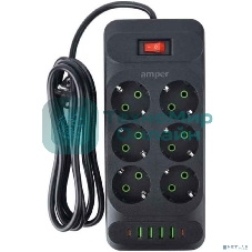Сетевой удлинитель Amper 4,0 м, 6 розеток, 10А, 2500 Вт, 4 usb,2Type-C, черный.