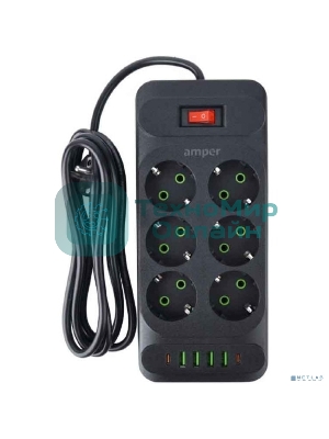 Сетевой удлинитель Amper 4,0 м, 6 розеток, 10А, 2500 Вт, 4 usb,2Type-C, черный.