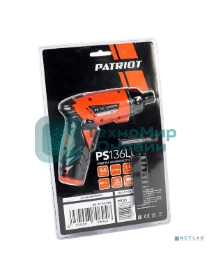 Отвертка аккумуляторная PATRIOT PS 136Li Li-Ion, 3.6 В/1,5 Ач, Реверс, 200 об/мин, 3,5 Нм, патрон: НЕХ 1/4