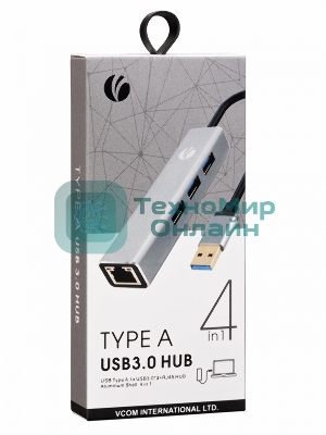 Переходник VCOM USB 3.0 -->RJ-45 1000Mbps+3 USB3.0, Aluminum Shell, 0.2м DH312A
