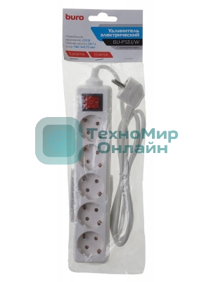 Сетевой удлинитель Buro BU-PS5.1/W 1.5 м (5 розеток) белый (пакет ПЭ)