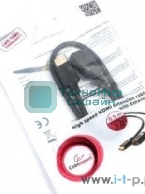 Кабель-удлинитель HDMI Cablexpert CC-HDMI4X-0.5M, 19M/19F, v2.0, позол.разъемы, экран, 0.5м, черный, пакет