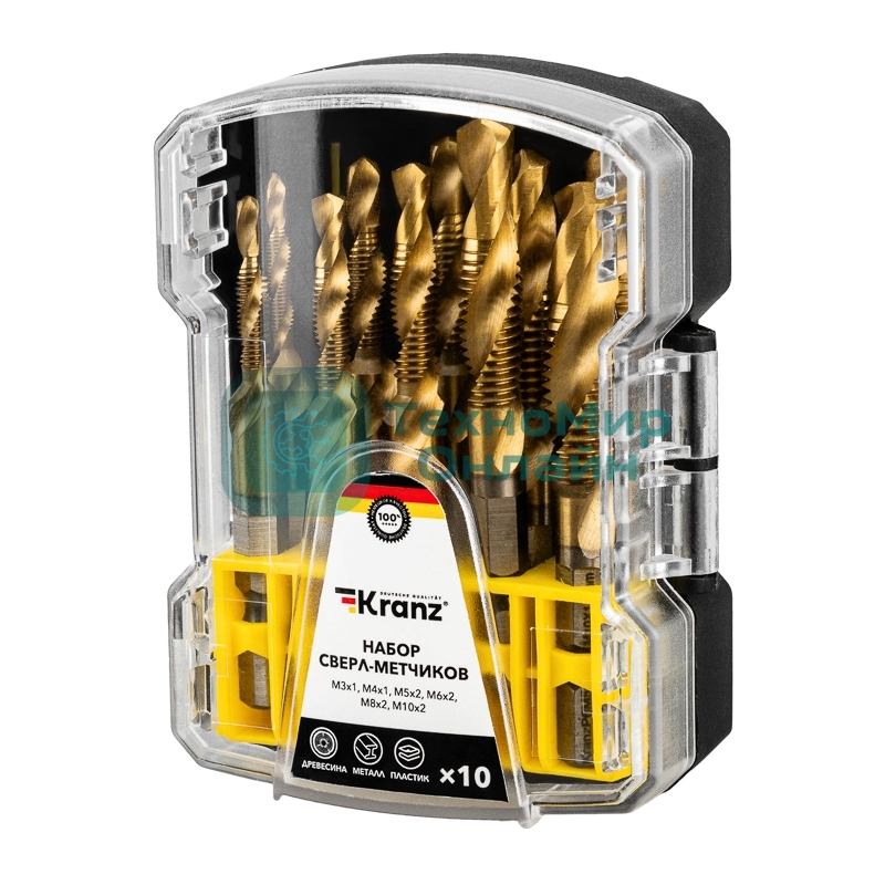 Набор сверл-метчиков (M3x1, M4x1, M5x2, M6x2, M8x2, M10x2) Р6М5, ТИТАН, 10 шт. KRANZ