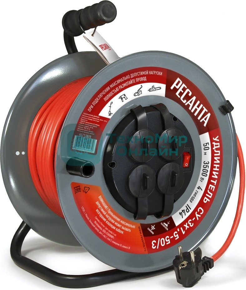 Удлинитель силовой Ресанта СУ-3х1,5-50/3 (61/118/8) 2x1.0кв.мм 4розет. 40м ПВС катушка серый