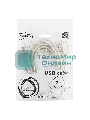 Кабель Cablexpert USB2.0 Pro, AM/AF, 3м, экран, 2 феррит.кольца, прозрачный (CCF-USB2-AMAF-TR-10)