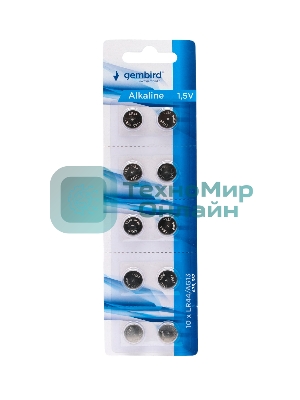 Батарейки щелочные/алкалиновые Gembird GB-LR44-10B, тип LR44(AG13), 10шт, блистер