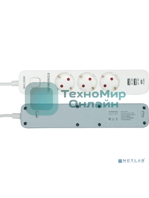 Сетевой фильтр Гарнизон EPS-3-CU2-W-2 2.0 Мультипорт 3 р, 10А, 1xType-C PD, 2 х USB QC, 2 м, ур.защиты 2+, белый, пак (21448)