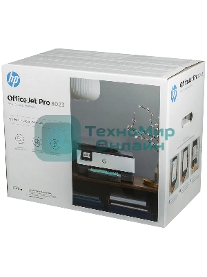 МФУ струйное HP OfficeJet 8023 (1KR64B), A4, цвтной, печ. до 20 стр/мин. (ч/б), до 10 стр/мин. (цвет), скан. до 8 стр/мин. (ч/б) 3.5 стр/мин. (цвет), 1200 x 1200 dpi, USB, RJ-45, Wi-Fi, Air Print