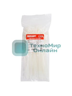 Хомут-стяжкa нейлоновая под винт Rexant 200x4,3 мм, белая, упаковка 100 шт.