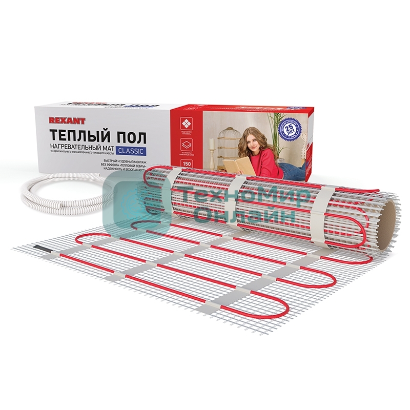 Теплый пол (нагревательный мат) Rexant Classic RNX-12,0-1800 (площадь 12,0 м2 (0,5 х 24,0 м)), 1800 Вт, двухжильный с экраном