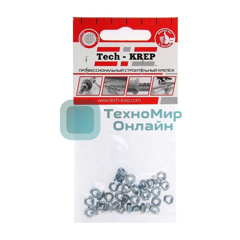 Гайка шестигранная М4 цинк. DIN 934 (уп. 50 шт) пакет Tech-Krep 103023