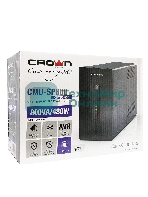 Источник бесперебойного питания CROWN Line Intractive CMU-SP800 COMBO USB 800VA\480W, корпус металл, 1x12V/9AH, розетки 4*IEC + 2*EURO+1*IEC bybass, трансформатор AVR 140-290V, съемный кабель 1.2 м, порт RJ11/45, порт USB, защита: от перегрузки, от КЗ, от скачков напряжения