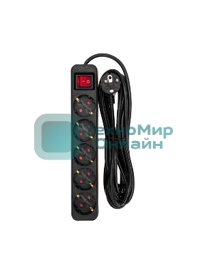 Удлинитель STANDARD 5 гнезд, 5м, 3х1,0мм², с/з, с выключателем, черный REXANT