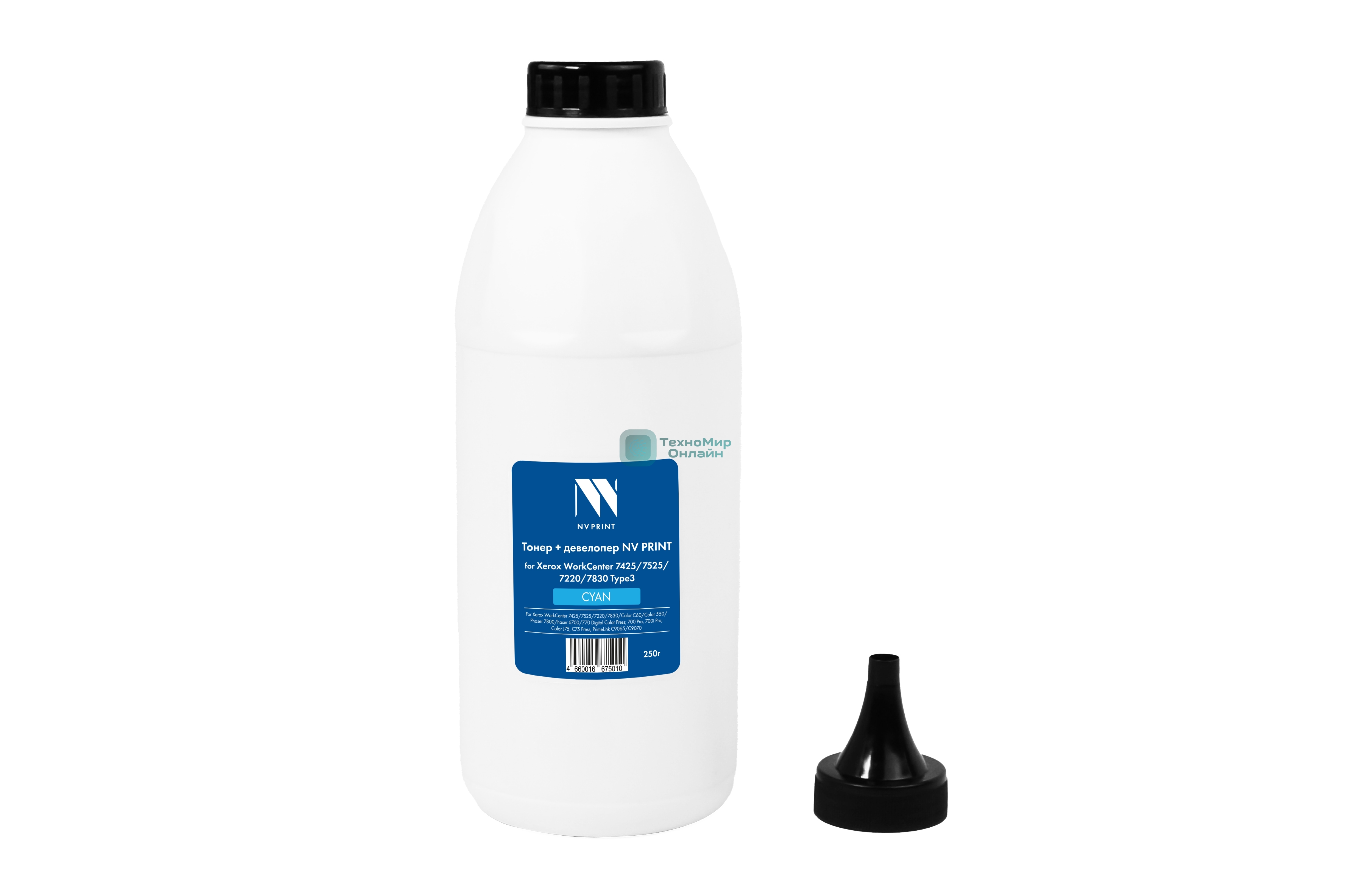 Тонер + девелопер NVPrint для Xerox WorkCenter 7425, 7525, 7220, 7830 Type3 (250г) Cyan. WC 7425, 7428, 7435; WC 7220, 7225; WC 7525, 7530, 7535, 7545, 7556, 7830, 7835, 7845, 7855, 7970; Color C60, С70; Color 550, 560, 570; Phaser 7800; Phaser 6700; 700, 700i, 770 Digital Color Press; 700 Pro, 700i Pro; Color J75, C75 Press, PrimeLink C9065/C9070 совместимый