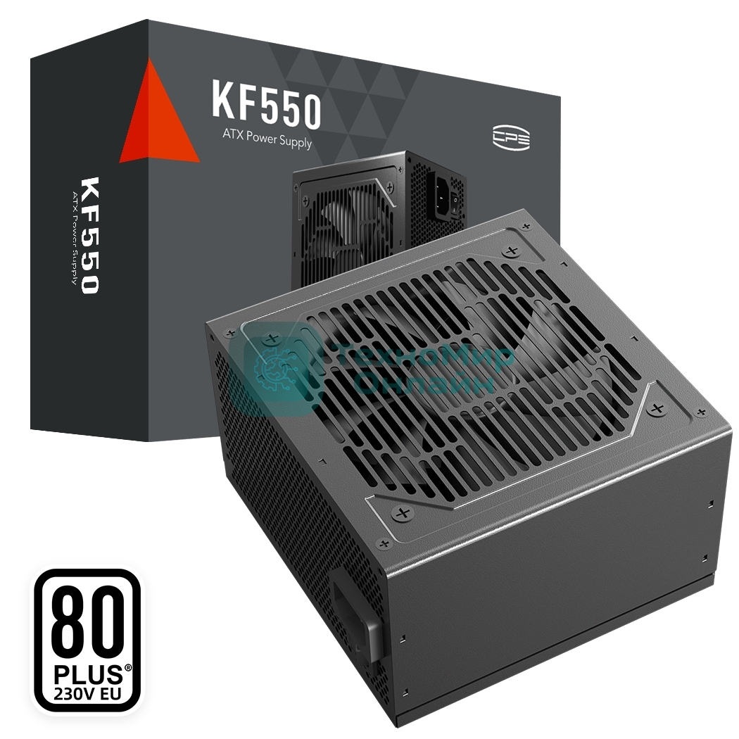 Блок питания PCCOOLER, 550W 80+ белый (ATX, ATX 2.4, Non-modular, 1x24(20+4)pin 550мм, 1xCPU*2 8(4+4)pin 610+150мм, 1xPCIe*2 8(6+2)pin 510+150мм, 2xSATA*3+MOLEX4pin*1 450+150+150+150мм, Active, 120x120мм, 140x150x86мм, APFC, OVP, SCP, OPP (140-160%, 2ms delay))