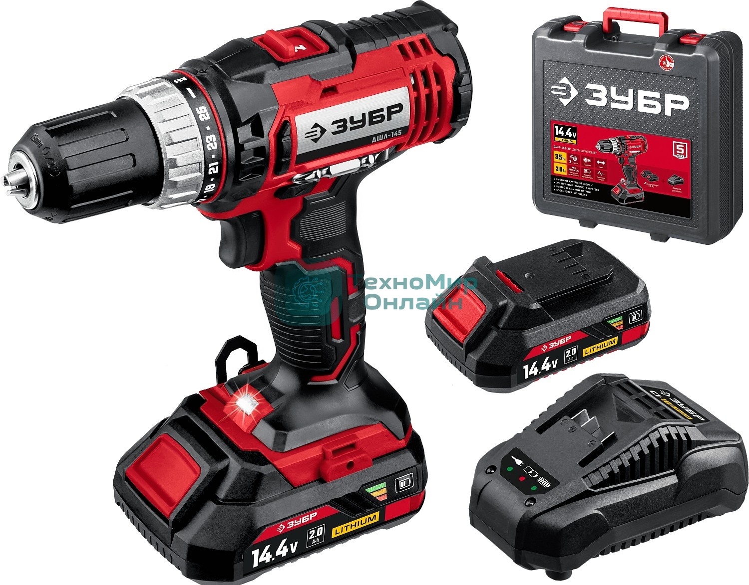 Дрель-шуруповерт аккумуляторная Зубр ДШЛ-145-22, Аккумуляторная, 14,4В, 2 АКБ, Кейс