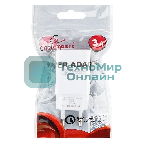 Сетевое зарядное устройство Cablexpert MP3A-PC-16, QC 3.0, 100/220V - 1 USB порт 5/9/12V, белый
