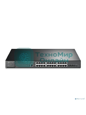 Коммутатор TP-Link 24-port Gigabit Managed PoE switch with 4 10G SFP+ ports, support 802.3af/at PoE, 1 console port, 19-inch rack mount, support L2/L2+ features.