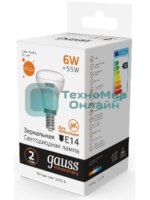 Лампа светодиодная Gauss Elementary 63116 6Вт цок.: E14 рефлек. 220B 3000K св. свеч. бел. теп. (упак.: 10 шт)