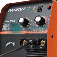 Полуавтомат сварочный инверторный PATRIOT WMA 175M MIG/MAG/MMA, полуавтоматическая сварка в среде газа (MIG/MAG) стальной и флюсовой проволокой 0.6/0.8 мм, сварка электродом (MMA) до 4мм, сварочный ток в режиме MIG: 40-170А; сварочный ток в режиме MMA: 40-170А; ПВ при макс. токе: 60%