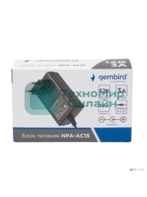 Блок питания Gembird NPA-AC15, 12В/3А, 36Вт, 1 штекер 5,5х2,5мм