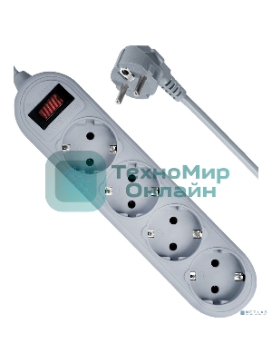 Сетевой фильтр Defender ES Lite, 1.8 м, 4 розетки, серый