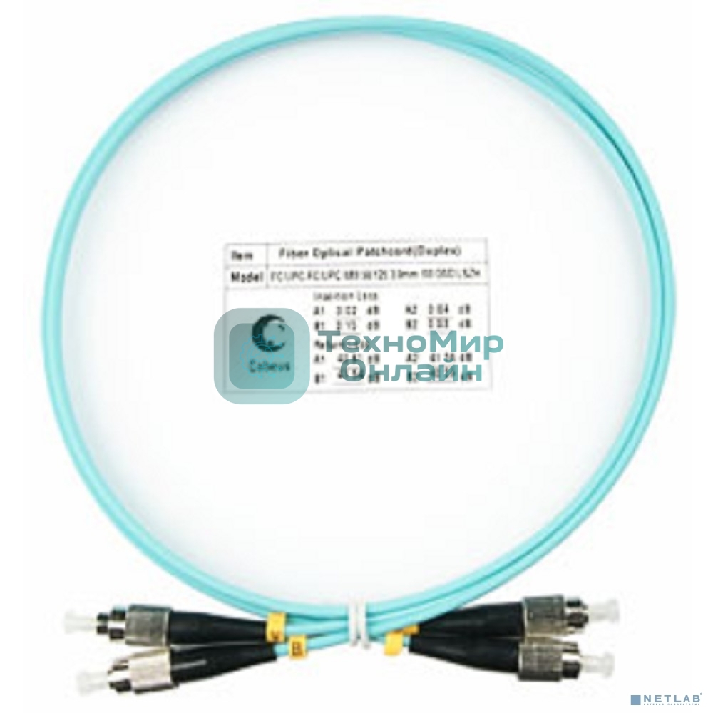 Комм. шнур оптический Cabeus Tight Buffer, Duplex FC/FC, OM3 50/125, LSZH, 1м, d= 3мм, черный хвостовик, аква