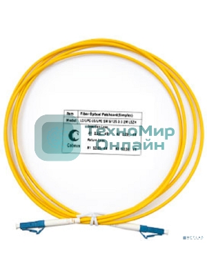 Комм. шнур оптический Cabeus Tight Buffer, Simplex LC/LC, OS2 9/125, LSZH, 2м, d= 2мм, синий хвостовик, желтый