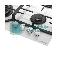 Варочная панель Kuppersberg FG 66 W газ, High-Tech, 59 см, автоматический электроподжиг, газ-контроль, форсунки под сжиженый газ, SABAF конфорки, чугунные решетки, цвет белый, цвет фурнитуры белый
