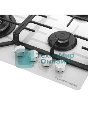 Варочная панель Kuppersberg FG 66 W газ, High-Tech, 59 см, автоматический электроподжиг, газ-контроль, форсунки под сжиженый газ, SABAF конфорки, чугунные решетки, цвет белый, цвет фурнитуры белый