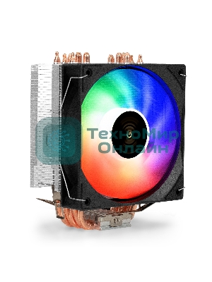 Кулер ExeGate Wizard EXX600-PWM.FRGb (Al+Cu, 6 тепл.трубки, LGA775/1150/1151/1155/1156/1200/1700/1851/AM2/AM2+/AM3/AM3+/AM4/AM5/FM1/FM2/754/939/940, TDP 180W, Fan 120мм PWM, 800-2400RPM, Hydro bearing, 4pin, 11-24db, 540г, FRGb подсветка, с термопастой, на защелках, Color Box)