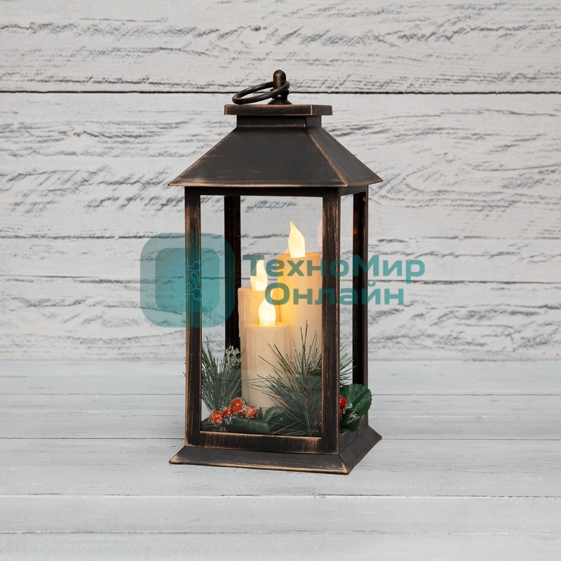 Декоративный фонарь Neon-night со свечкой и шишкой, бронзовый корпус, размер 14x14x27 см, цвет теплый белый