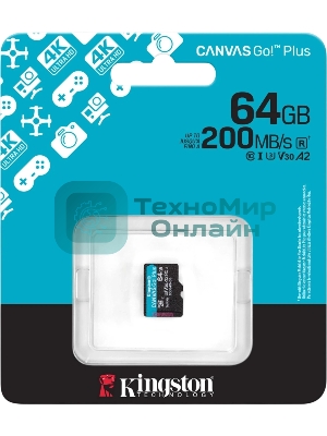 Флеш карта microSDXC 64Gb Kingston SDCG4/64GbSP Canvas Go! Plus V30 A2 w/o adapter