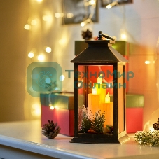 Декоративный фонарь Neon-night со свечкой и шишкой, бронзовый корпус, размер 14x14x27 см, цвет теплый белый