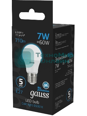 Лампа светодиодная Gauss 102502307 7Вт цок.: E27 груша 220B 6500K св. свеч. бел. хол. (упак.: 10 шт)