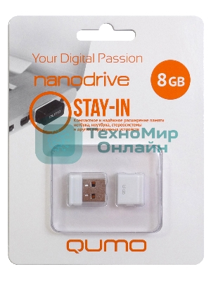 Флешка USB 2.0 QUMO 8Gb, NANO QM8GUD-NANO-W белый