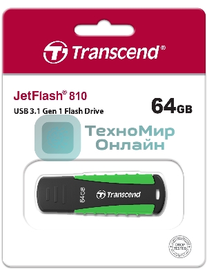 Флешка USB Transcend JetFlash 810 (TS64GJF810), 64Gb, USB 3.0, R/W 100/40, черный/зеленый
