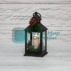 Декоративный фонарь Neon-night со свечкой и шишкой, черный корпус, размер 10,7x10,7x23,5 см, цвет теплый белый