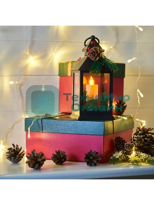 Декоративный фонарь Neon-night со свечкой и шишкой, черный корпус, размер 10,7x10,7x23,5 см, цвет теплый белый