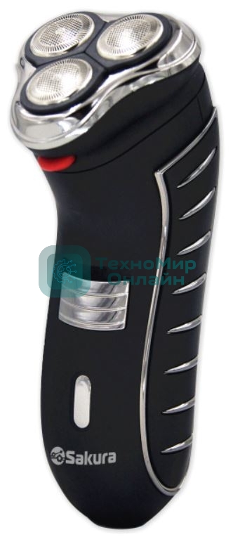 Электробритва Sakura SA-5414BK черный(Бритва электрическая, сухое бритье, работа от аккумулятора. 3 бреющие головки. Прорезиненная поверхность. Индикатор заряда батарейки. Защитная крышка. Щеточка для очистки.)
