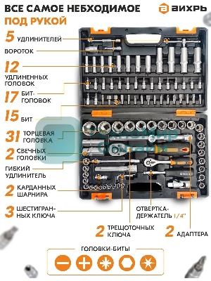 Набор инструментов 1/2дюйм; 1/4дюйм CrV пластик. кейс (94 предм.) Вихрь 73/6/7/5