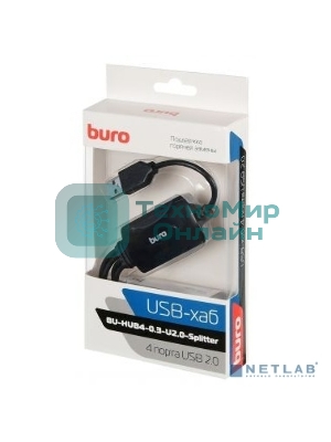 Разветвитель USB 2.0 Buro BU-HUB4-0.3-U2.0-Splitter 4порт. черный