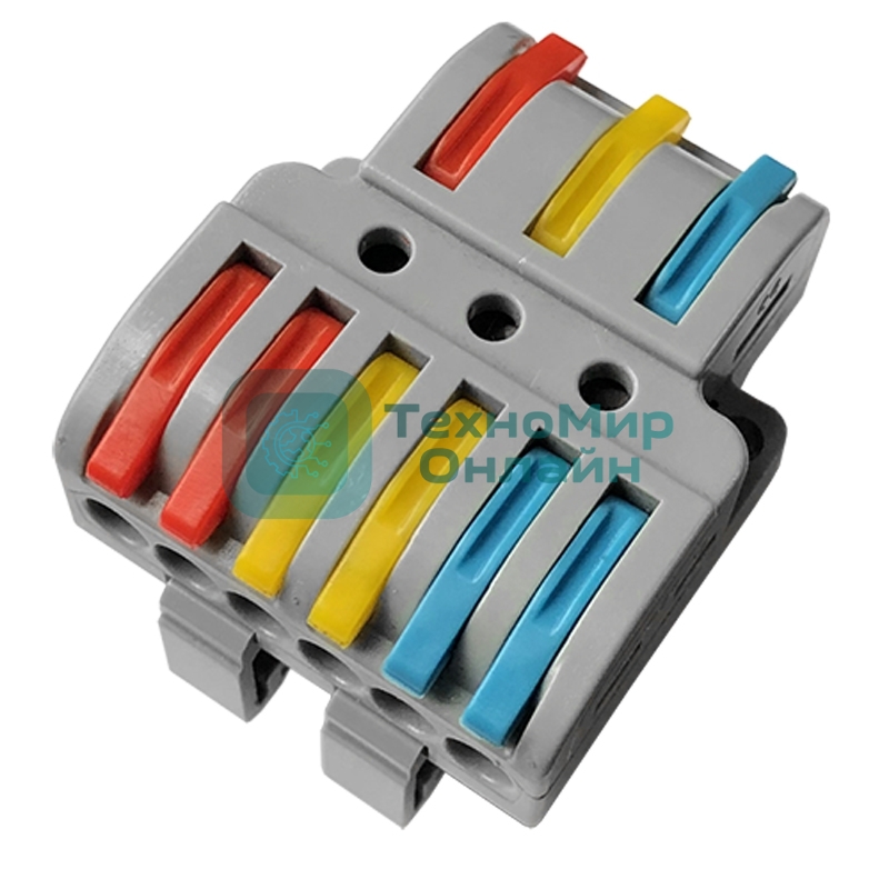 Клемма СМК Rexant 3х2D проходная разветвительная 3 полюса на DIN-рейку (0,08-4 мм²) (1 ввод, 2 вывода на полюс) серый (20 шт/уп)